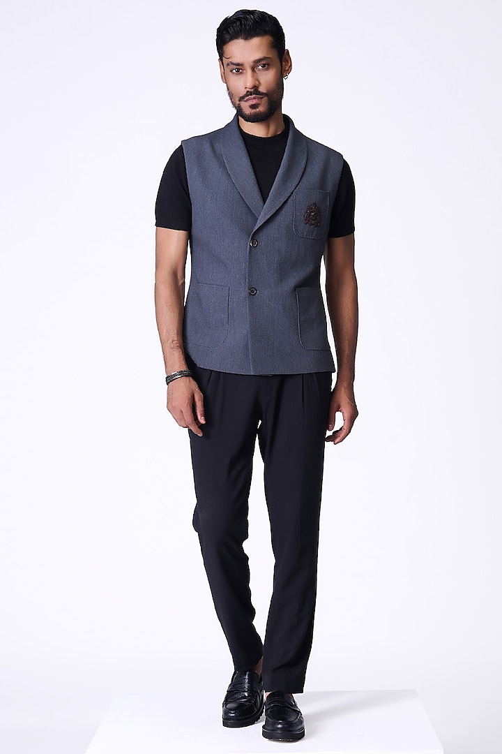 Grey Cotton Blend Crested Waistcoat by S&N by Shantnu Nikhil Men at Pernia's Pop Up Shop