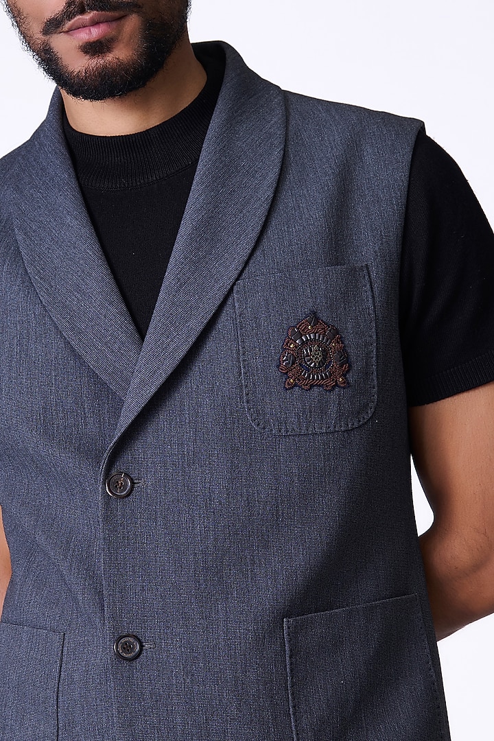Grey Cotton Blend Crested Waistcoat by S&N by Shantnu Nikhil Men at Pernia's Pop Up Shop