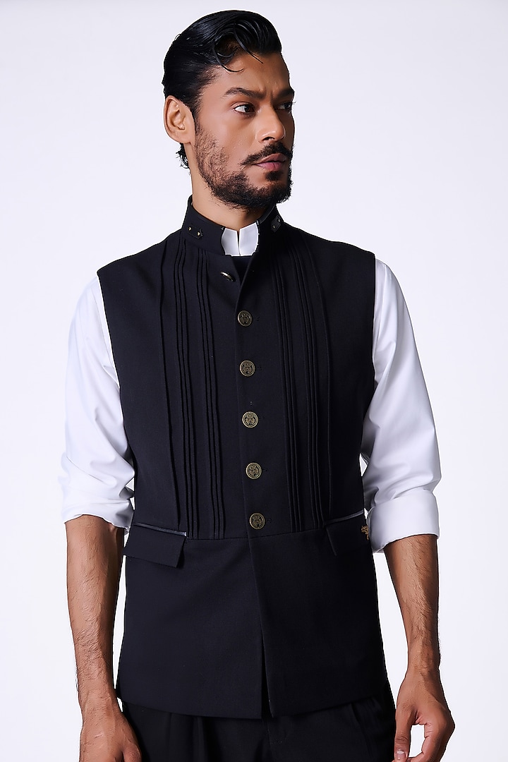 Black Poly Blend Waistcoat by S&N by Shantnu Nikhil Men at Pernia's Pop Up Shop