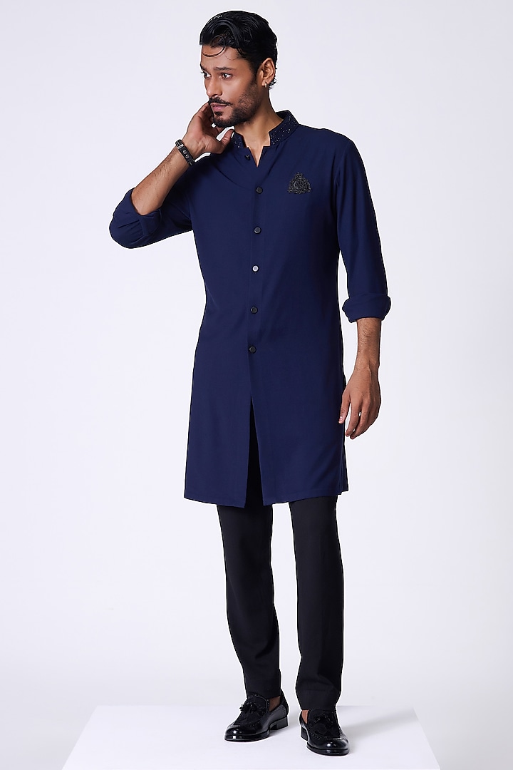 Navy Blue Viscose Embroidered Crest Kurta by S&N by Shantnu Nikhil Men at Pernia's Pop Up Shop