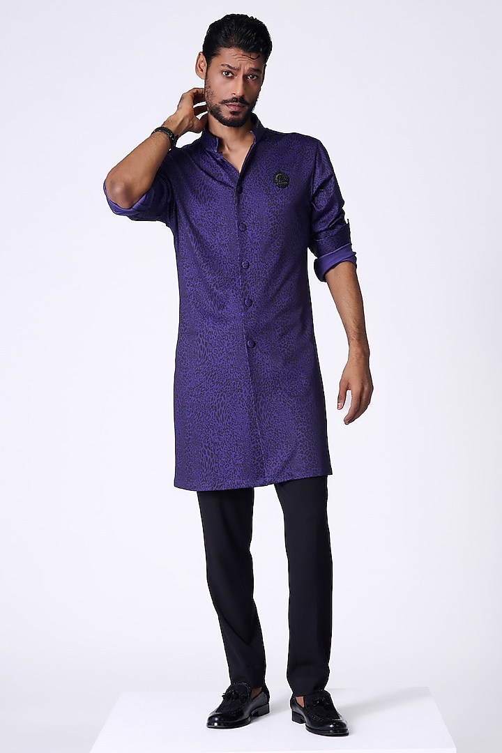 Purple Crepe Jersey Leopard Printed Shirt Kurta by S&N by Shantnu Nikhil Men