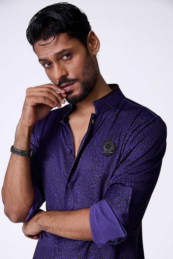 Purple Crepe Jersey Leopard Printed Shirt Kurta by S&N by Shantnu Nikhil Men at Pernia's Pop Up Shop