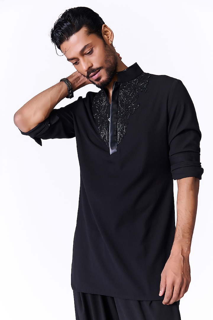 Black Rayon Swarovski Kurta by S&N by Shantnu Nikhil Men