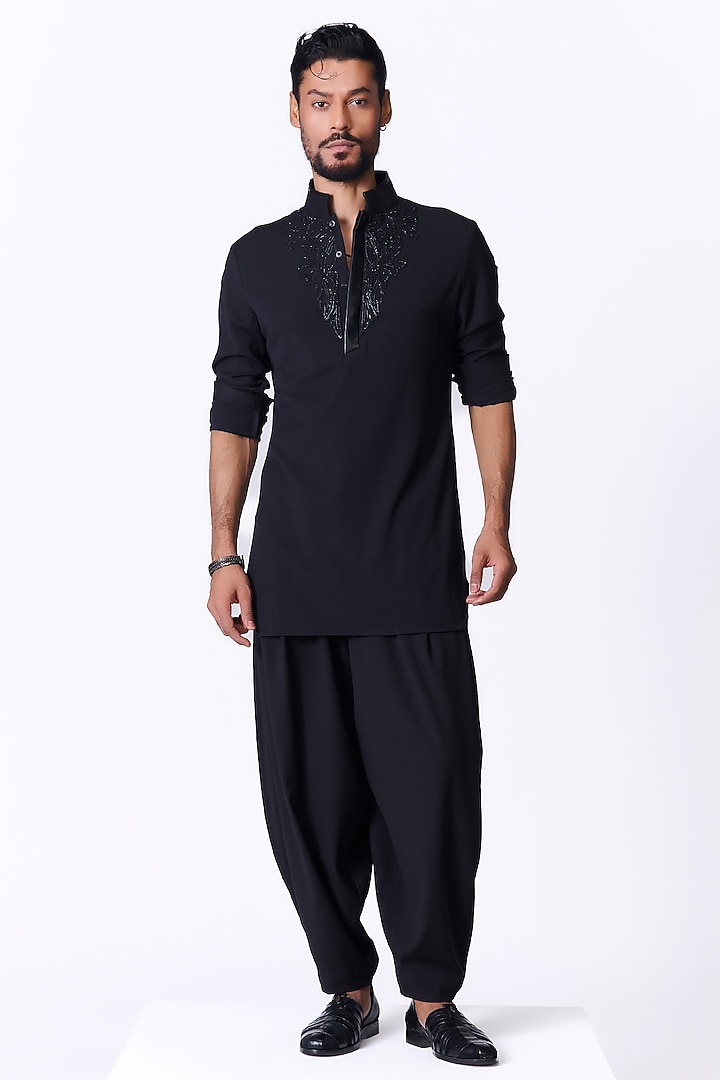 Black Rayon Swarovski Kurta by S&N by Shantnu Nikhil Men at Pernia's Pop Up Shop