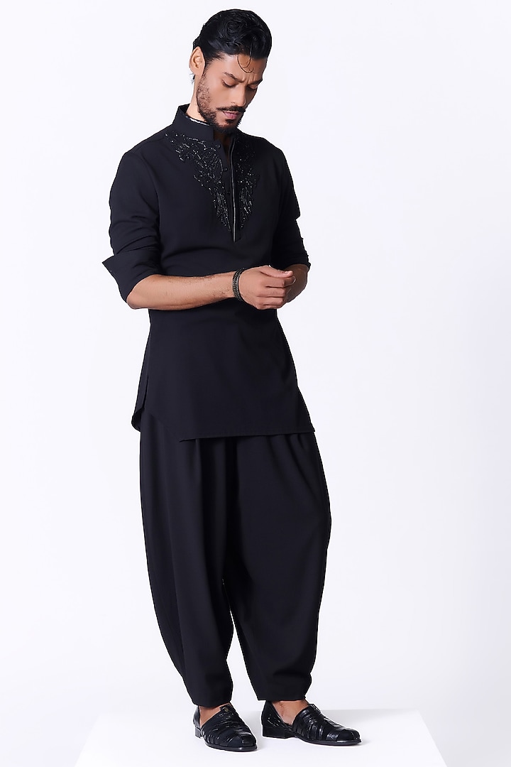 Black Rayon Swarovski Kurta by S&N by Shantnu Nikhil Men at Pernia's Pop Up Shop