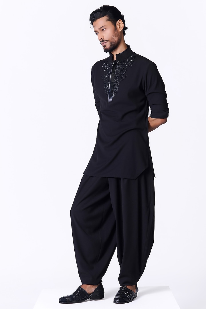 Black Rayon Swarovski Kurta by S&N by Shantnu Nikhil Men at Pernia's Pop Up Shop