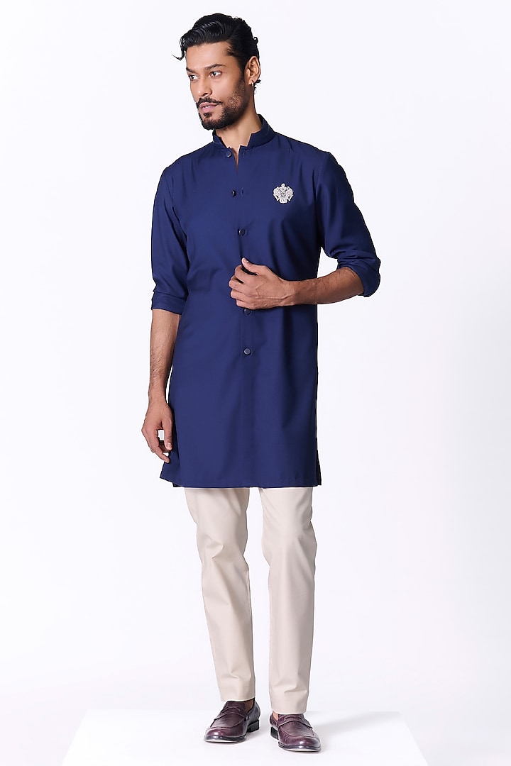 Navy Blue Viscose Crested Kurta by S&N by Shantnu Nikhil Men at Pernia's Pop Up Shop