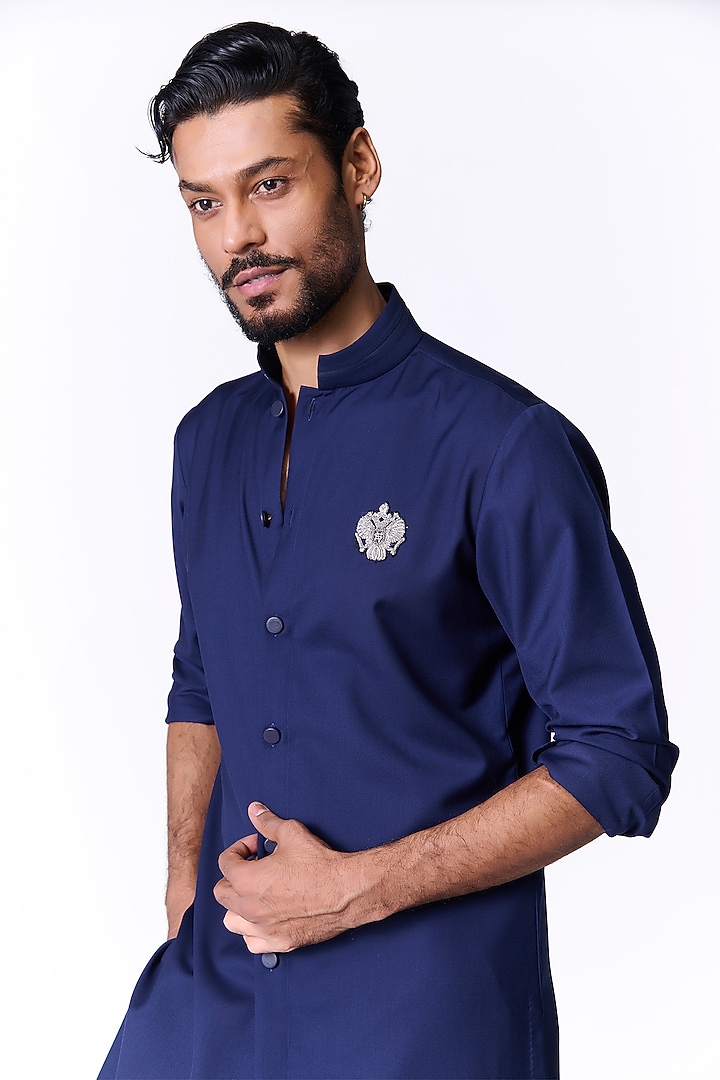 Navy Blue Viscose Crested Kurta by S&N by Shantnu Nikhil Men at Pernia's Pop Up Shop
