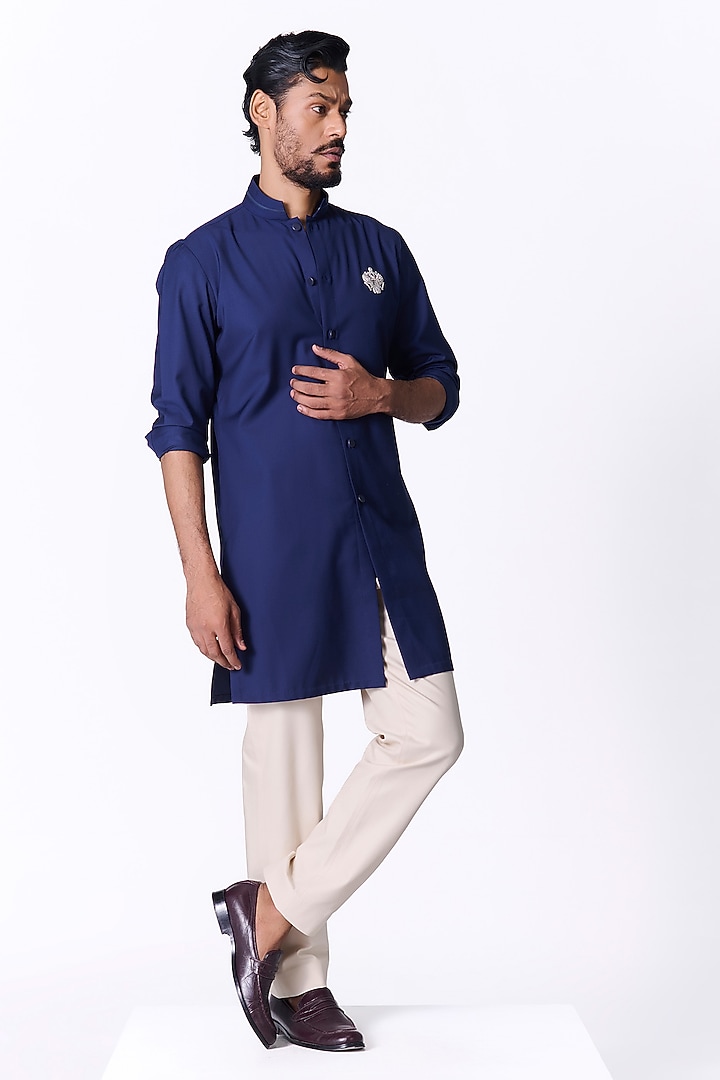 Navy Blue Viscose Crested Kurta by S&N by Shantnu Nikhil Men at Pernia's Pop Up Shop