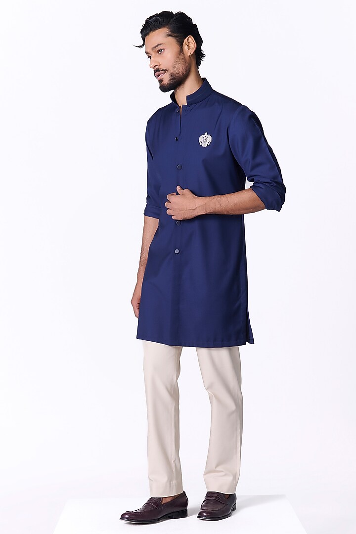Navy Blue Viscose Crested Kurta by S&N by Shantnu Nikhil Men at Pernia's Pop Up Shop