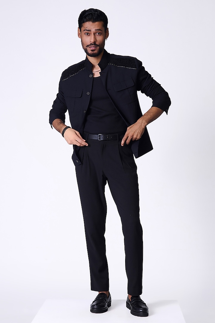 Black Rayon & Spandex Leopard-Engraved Panel Jacket by S&N by Shantnu Nikhil Men at Pernia's Pop Up Shop