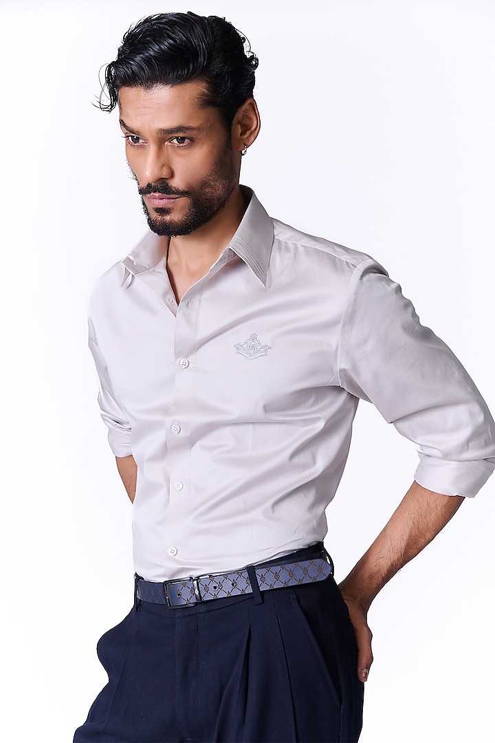 Light Grey Giza Cotton Embroidered Crest Shirt by S&N by Shantnu Nikhil Men at Pernia's Pop Up Shop