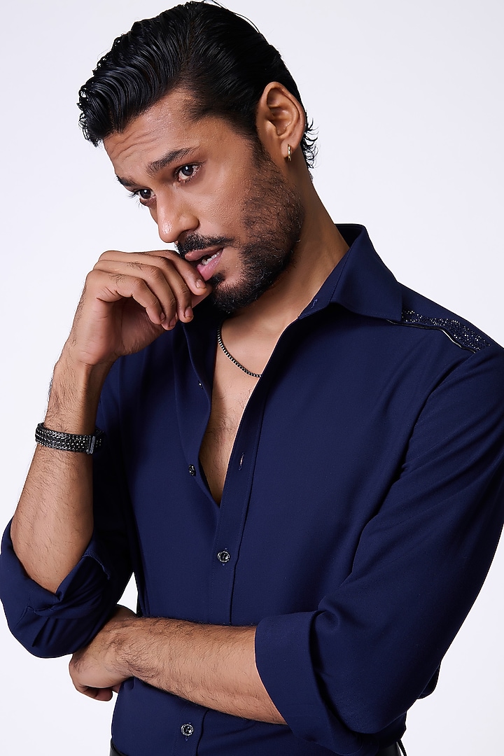 Navy Blue Viscose Wedding Shirt by S&N by Shantnu Nikhil Men at Pernia's Pop Up Shop