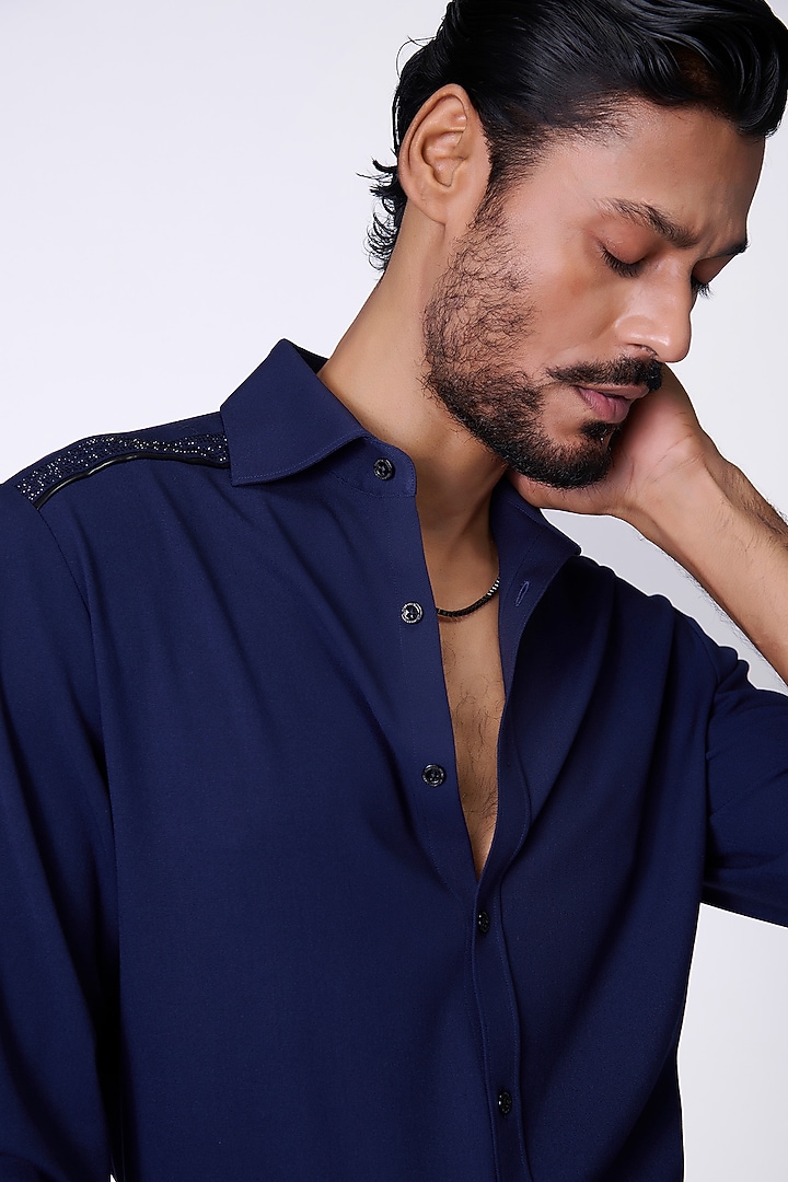 Navy Blue Viscose Wedding Shirt by S&N by Shantnu Nikhil Men at Pernia's Pop Up Shop