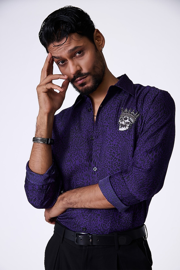Purple Silk Twill Leopard Printed Shirt by S&N by Shantnu Nikhil Men