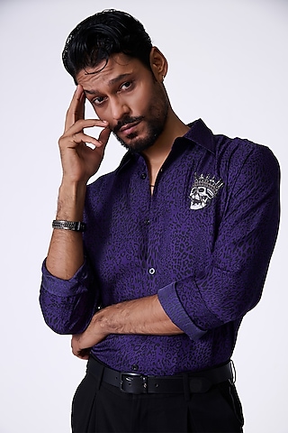 Purple Silk Twill Leopard Printed Shirt by S&N by Shantnu Nikhil Men