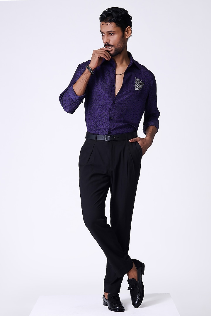 Purple Silk Twill Leopard Printed Wedding Shirt by S&N by Shantnu Nikhil Men at Pernia's Pop Up Shop