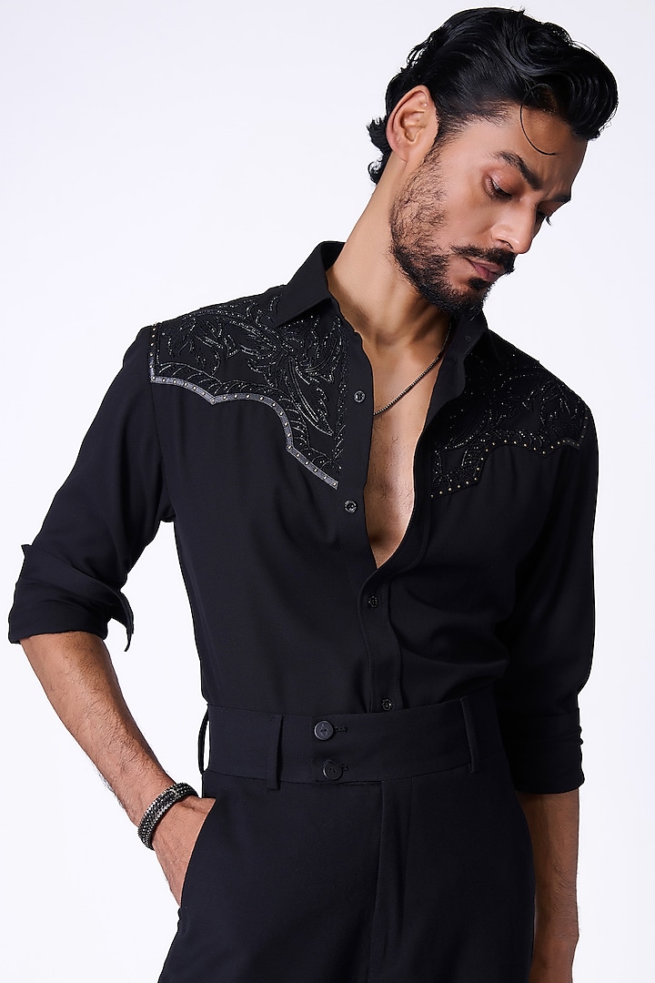 Black Terylene Embroidered Shirt by S&N by Shantnu Nikhil Men