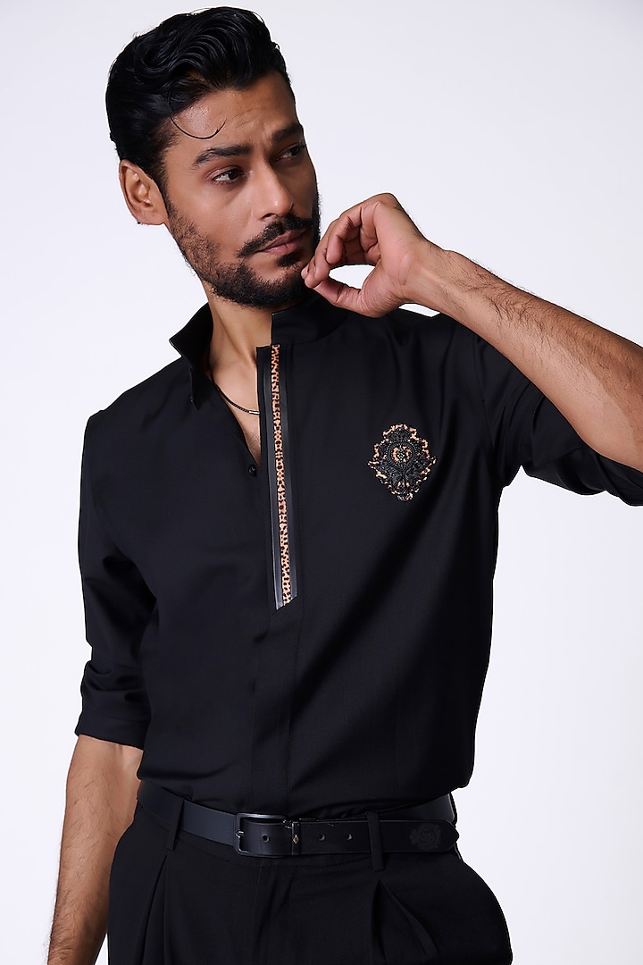 Black Terrylene Printed Shirt by S&N by Shantnu Nikhil Men