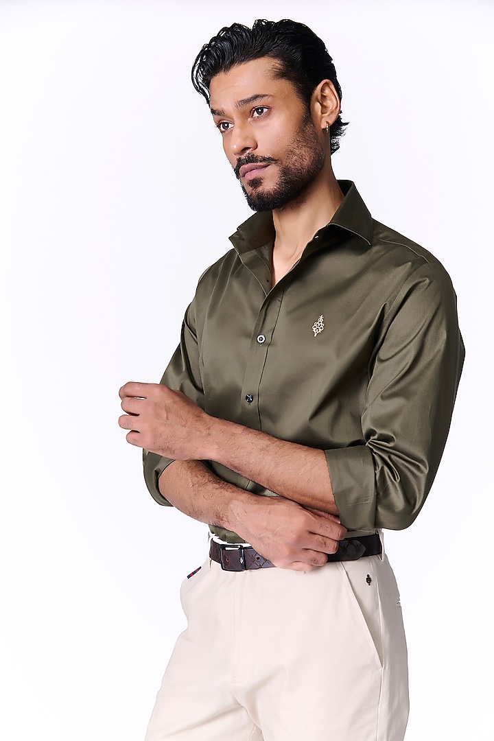 Olive Giza Cotton Embroidered Shirt by S&N by Shantnu Nikhil Men