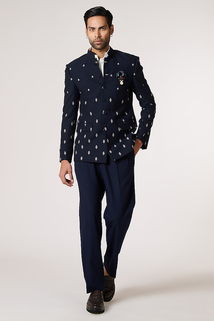 Navy Cotton & Wool Embroidered Bandhgala by S&N by Shantnu Nikhil Men at Pernia's Pop Up Shop