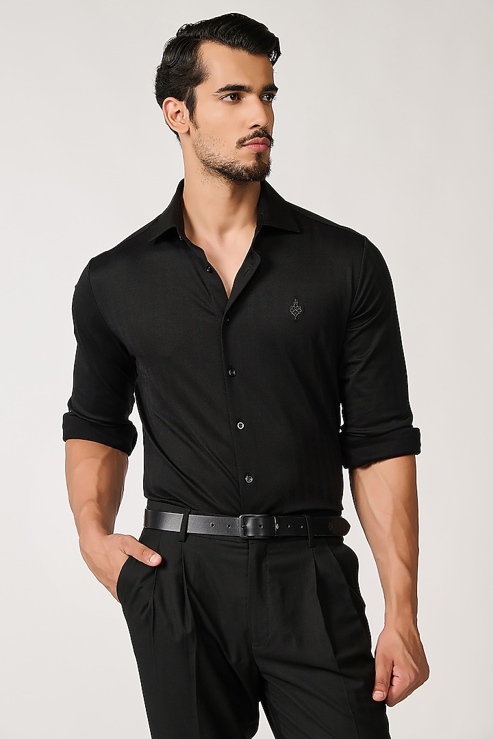 Black Cotton Lycra Shirt by S&N by Shantnu Nikhil Men