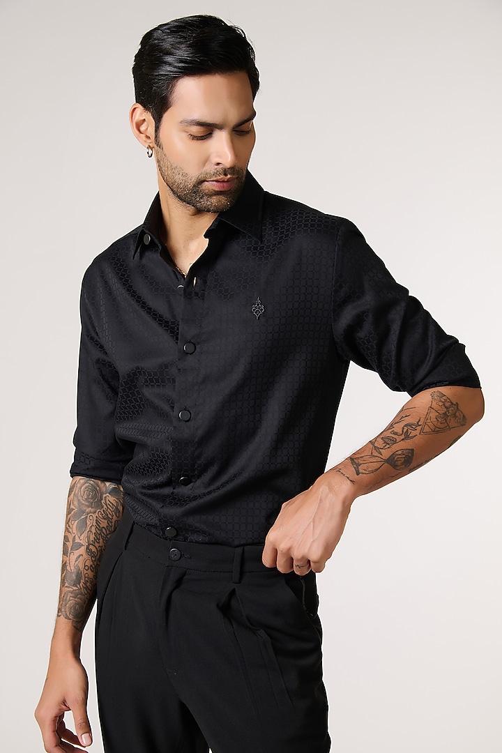 Black Cotton Textured Shirt by S&N by Shantnu Nikhil Men