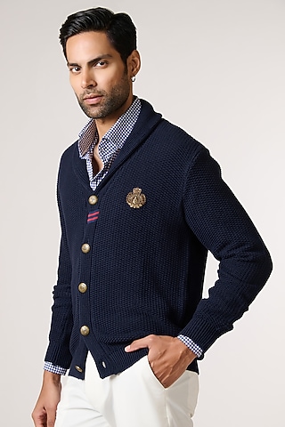 Navy Merino Wool Cardigan by S&N by Shantnu Nikhil Men