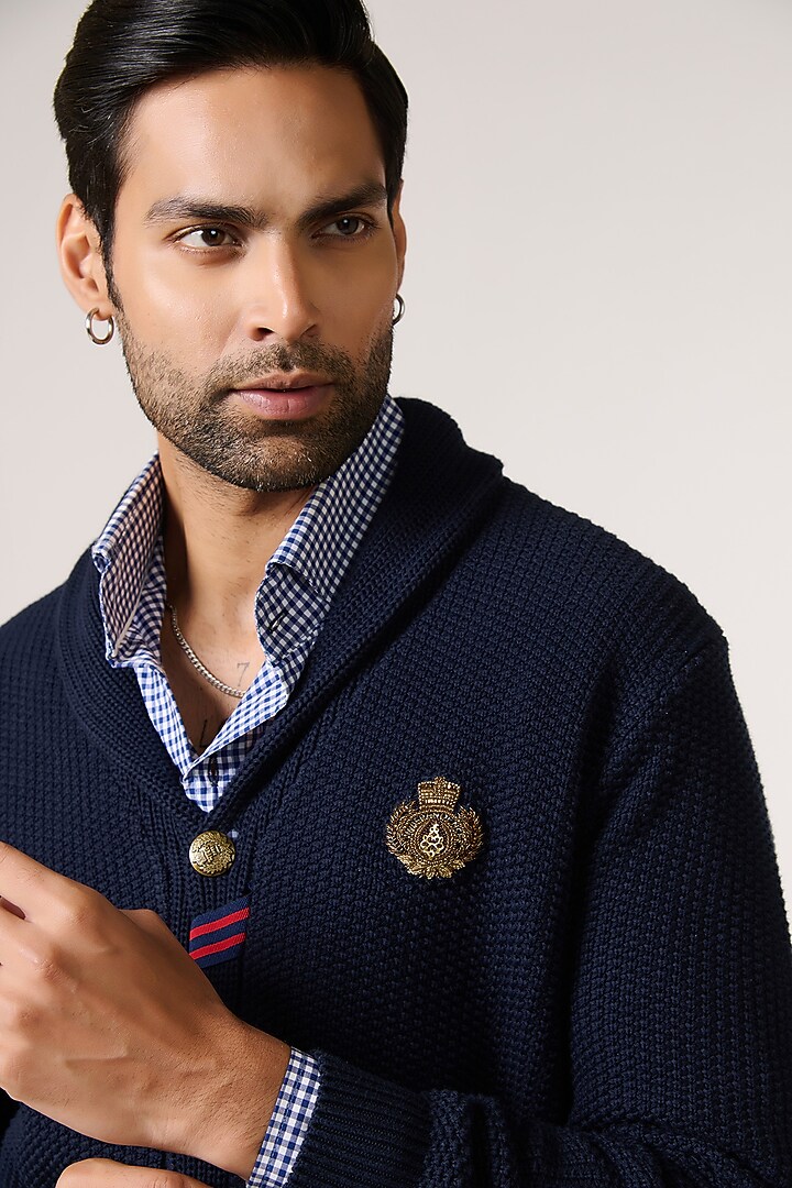 Navy Merino Wool Cardigan by S&N by Shantnu Nikhil Men at Pernia's Pop Up Shop