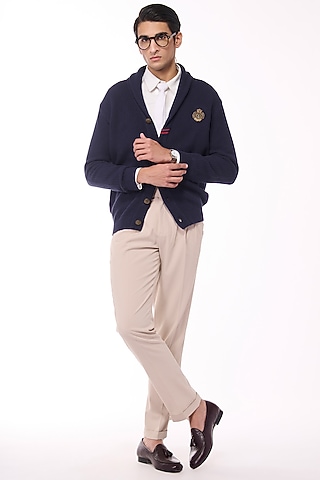 Navy Merino Wool Crested Cardigan by S&N by Shantnu Nikhil Men