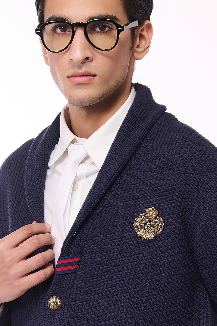 Navy Merino Wool Crested Cardigan by S&N by Shantnu Nikhil Men at Pernia's Pop Up Shop