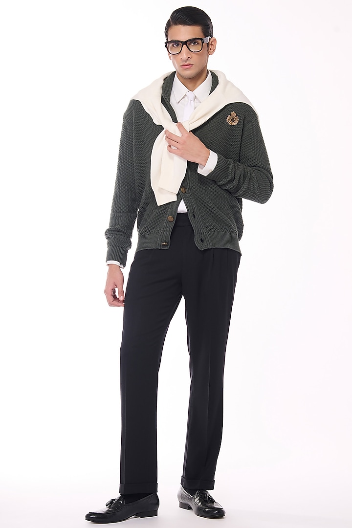 Military Green Merino Wool Crested Cardigan by S&N by Shantnu Nikhil Men at Pernia's Pop Up Shop