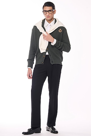 Military Green Merino Wool Crested Cardigan by S&N by Shantnu Nikhil Men