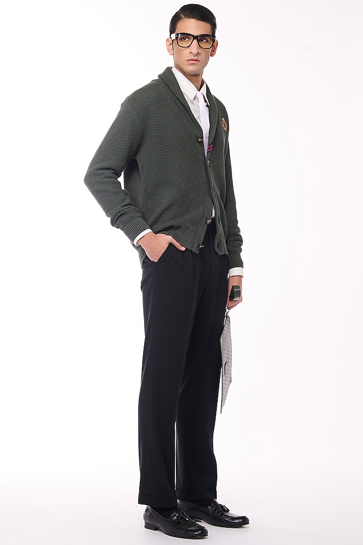 Military Green Merino Wool Crested Cardigan by S&N by Shantnu Nikhil Men at Pernia's Pop Up Shop