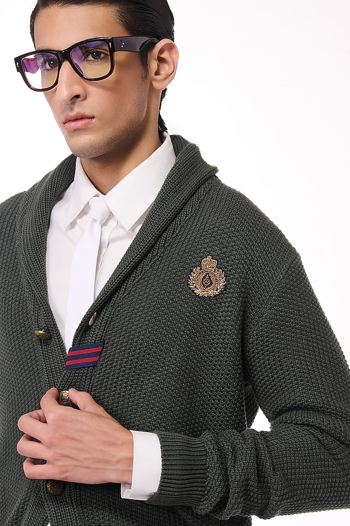 Military Green Merino Wool Crested Cardigan by S&N by Shantnu Nikhil Men at Pernia's Pop Up Shop