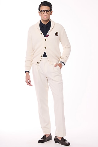 Off-White Merino Wool Crested Cardigan by S&N by Shantnu Nikhil Men