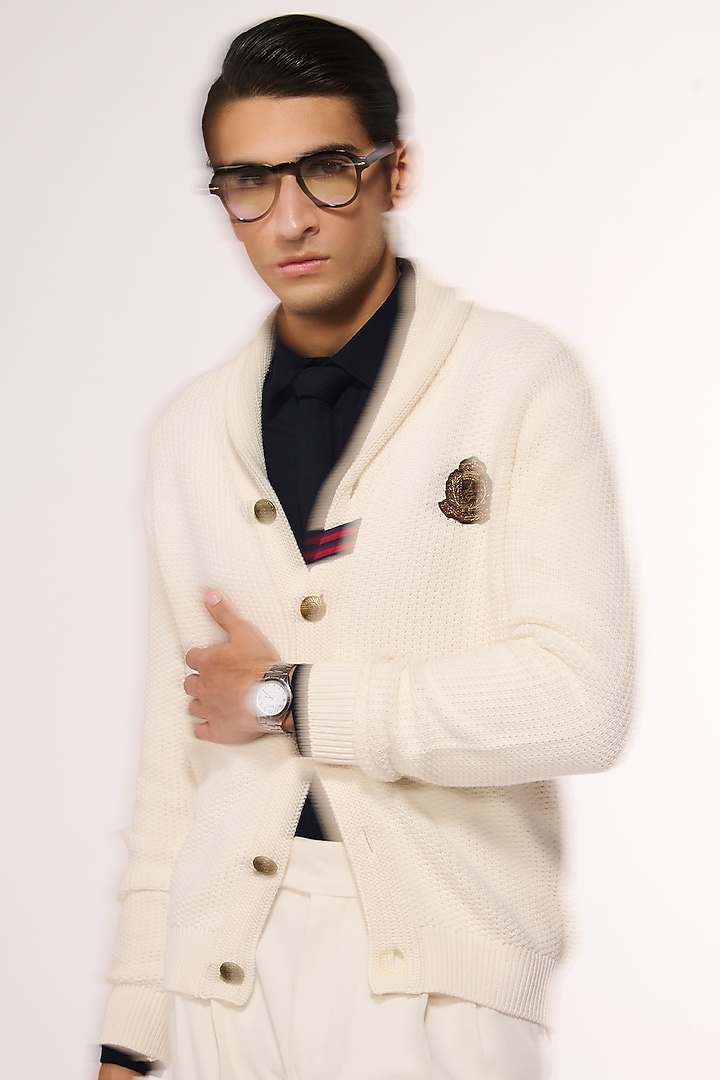 Off-White Merino Wool Crested Cardigan by S&N by Shantnu Nikhil Men at Pernia's Pop Up Shop