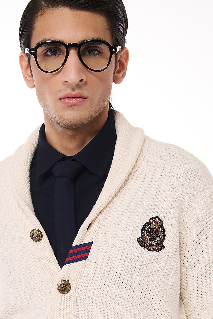 Off-White Merino Wool Crested Cardigan by S&N by Shantnu Nikhil Men at Pernia's Pop Up Shop