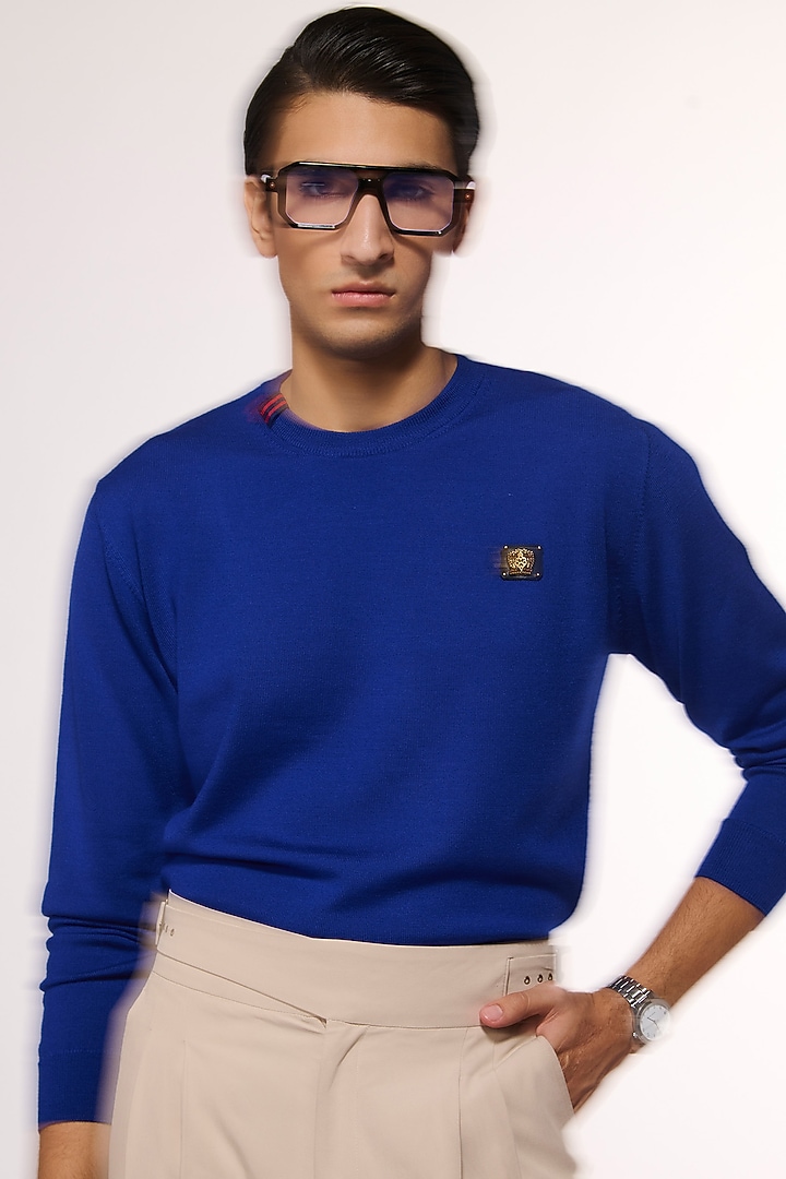 Electric Blue Merino Wool Crested Sweater by S&N by Shantnu Nikhil Men at Pernia's Pop Up Shop