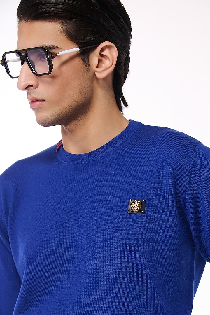 Electric Blue Merino Wool Crested Sweater by S&N by Shantnu Nikhil Men at Pernia's Pop Up Shop