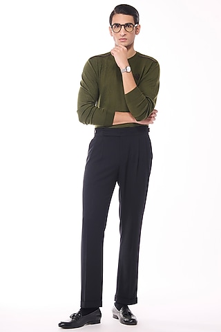Military Green Merino Wool Crested Sweater by S&N by Shantnu Nikhil Men