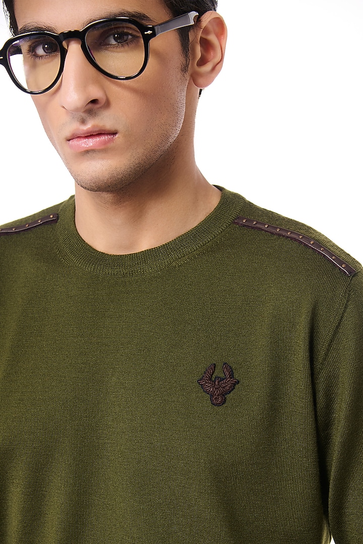 Military Green Merino Wool Crested Sweater by S&N by Shantnu Nikhil Men at Pernia's Pop Up Shop
