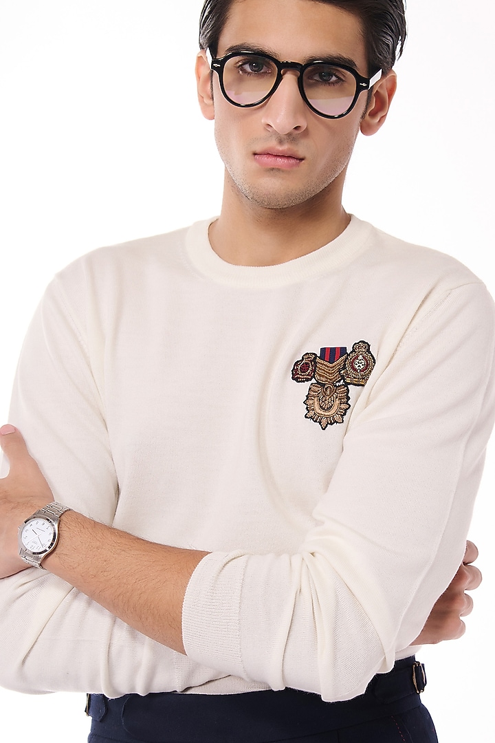 Off-White Merino Wool Crested Sweater by S&N by Shantnu Nikhil Men at Pernia's Pop Up Shop