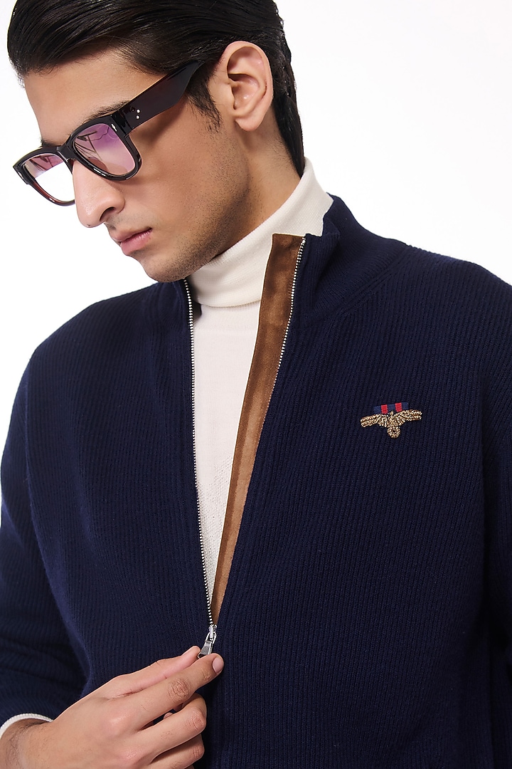 Navy Cashmere Crested Cardigan by S&N by Shantnu Nikhil Men at Pernia's Pop Up Shop