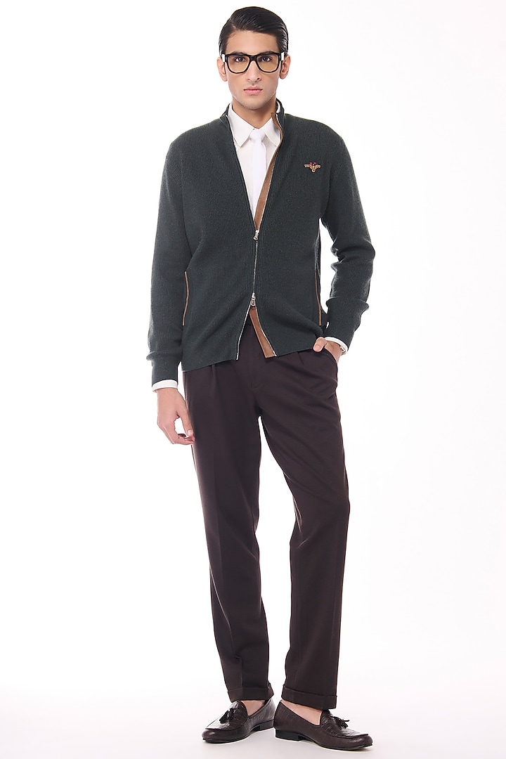 Military Green Cashmere Crested Cardigan by S&N by Shantnu Nikhil Men at Pernia's Pop Up Shop
