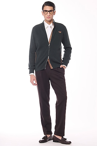 Military Green Cashmere Crested Cardigan by S&N by Shantnu Nikhil Men