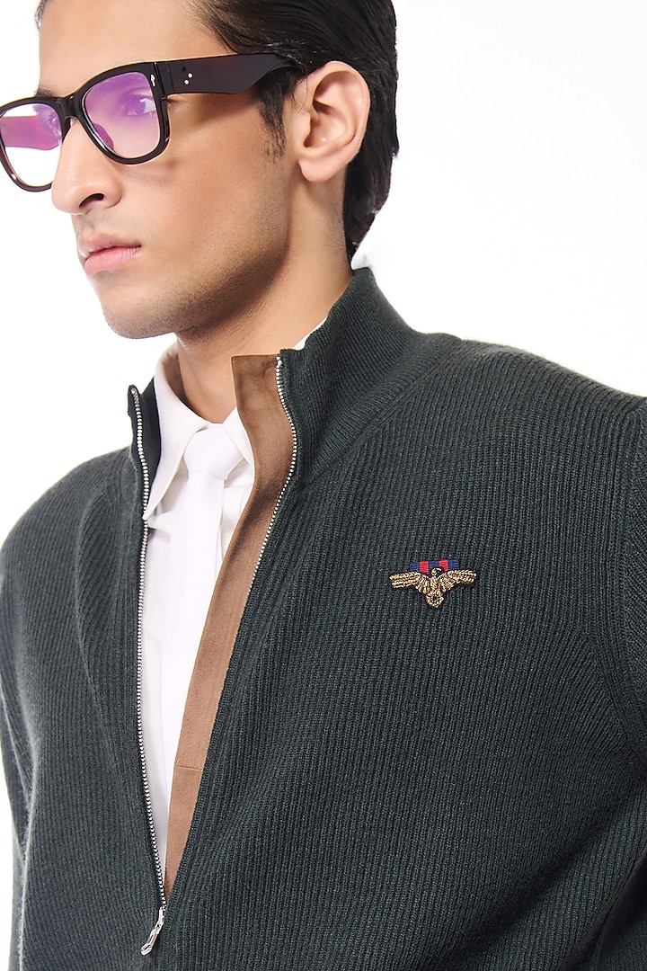 Military Green Cashmere Crested Cardigan by S&N by Shantnu Nikhil Men at Pernia's Pop Up Shop