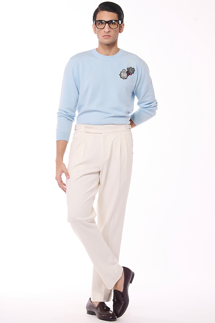 Aqua Blue Merino Wool Crested Sweater by S&N by Shantnu Nikhil Men at Pernia's Pop Up Shop