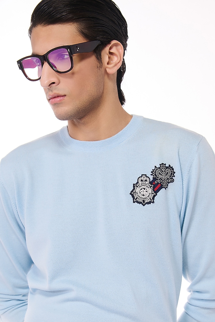 Aqua Blue Merino Wool Crested Sweater by S&N by Shantnu Nikhil Men at Pernia's Pop Up Shop