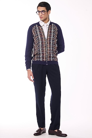 Multi-Colored Merino Wool & Pure Silk Twill Bomber Jacket by S&N by Shantnu Nikhil Men
